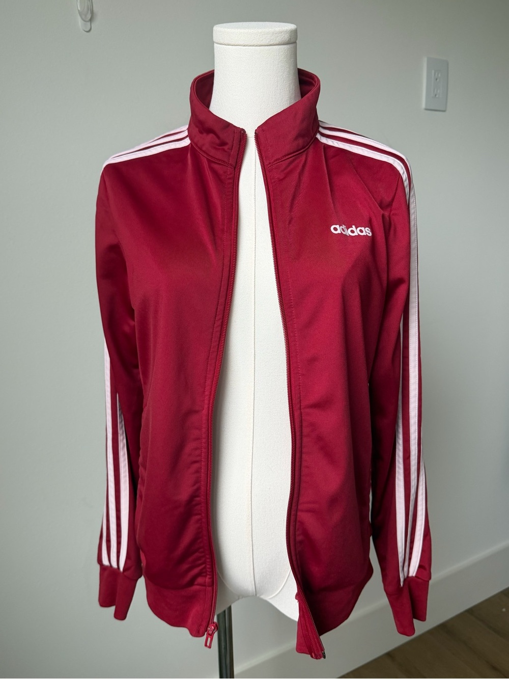 adidas Women’s Burgundy Track Jacket with White Stripes